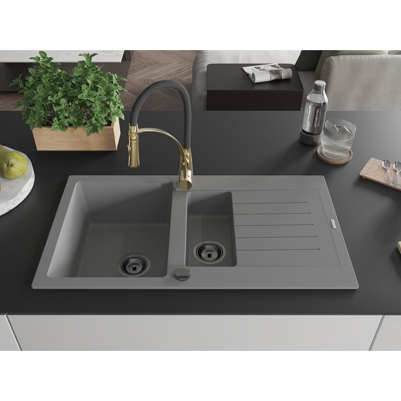 Mexen Matias 1.5-bowl granite sink with drainer and Aster kitchen faucet, gray - 6502-71-73450-57-B