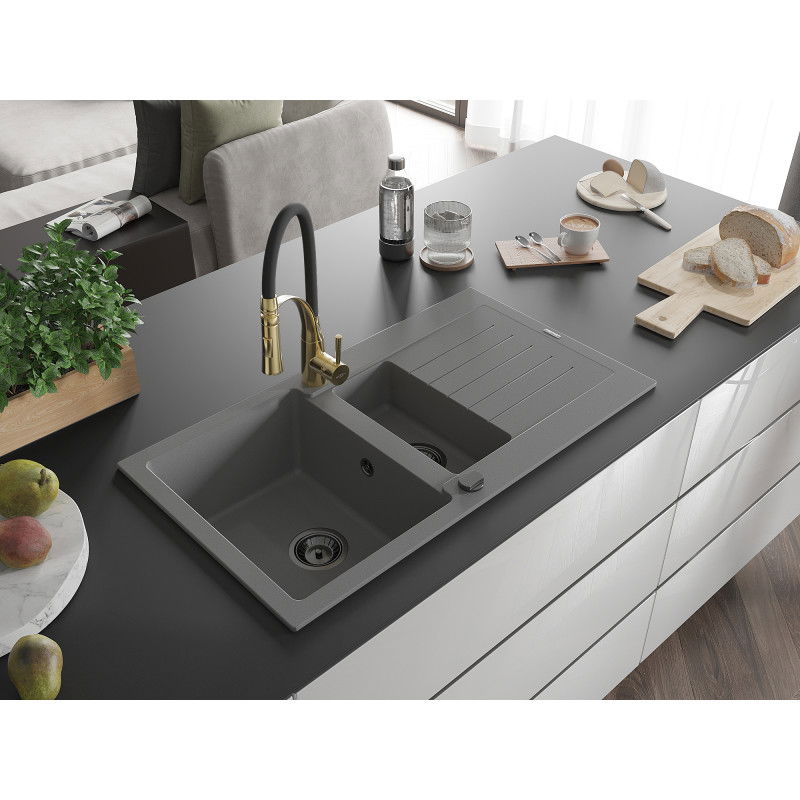 Mexen Matias granite sink 1.5-bowl with drainer and Aster kitchen tap, grey - 6502-71-73450-57-B