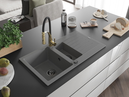 Mexen Matias 1.5-compartment granite sink with a drip tray and kitchen mixer tap Aster, Grey - 6502-71-73450-57-B
