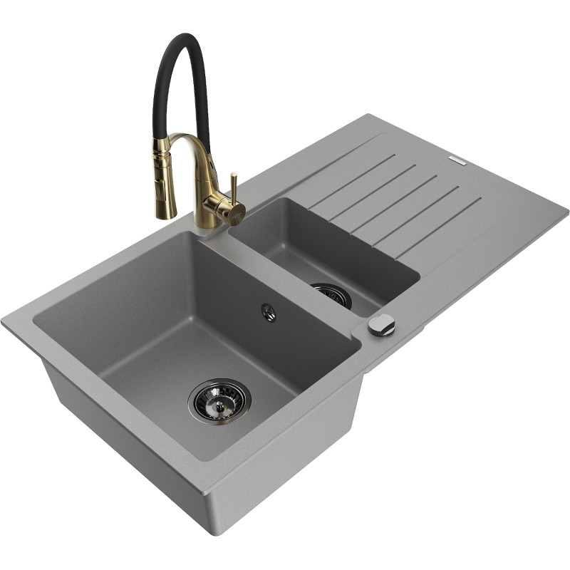 Mexen Matias 1.5-bowl granite sink with drainer and Aster kitchen faucet, gray - 6502-71-73450-57-B