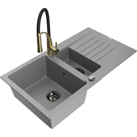 Mexen Matias 1.5-bowl granite sink with drainer and Aster kitchen faucet, gray - 6502-71-73450-57-B