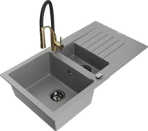 Mexen Matias 1.5-compartment granite sink with a drip tray and kitchen mixer tap Aster, Grey - 6502-71-73450-57-B