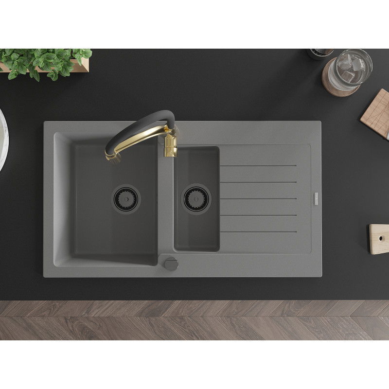 Mexen Matias granite sink 1.5-bowl with drainer and Aster kitchen tap, grey - 6502-71-73450-57-B