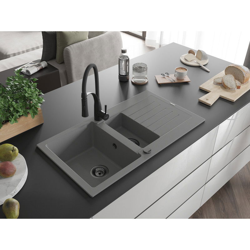Mexen Matias granite sink 1.5-bowl with drainer and Aster kitchen tap, grey - 6502-71-73450-70-B