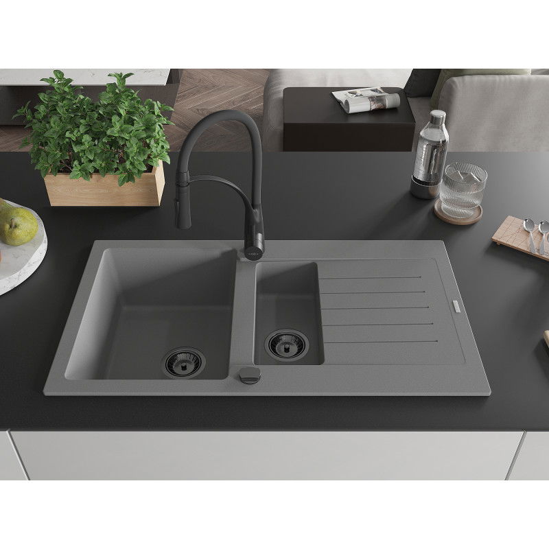 Mexen Matias granite sink 1.5-bowl with drainer and Aster kitchen tap, grey - 6502-71-73450-70-B