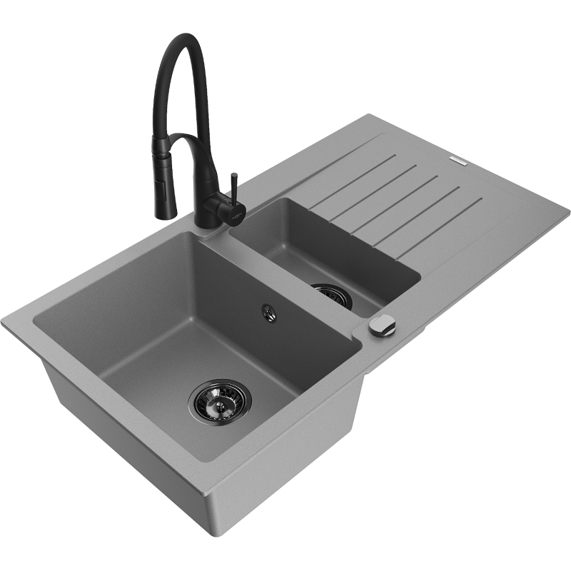 Mexen Matias 1.5-compartment granite sink with a drip tray and kitchen mixer tap Aster, Grey - 6502-71-73450-70-B