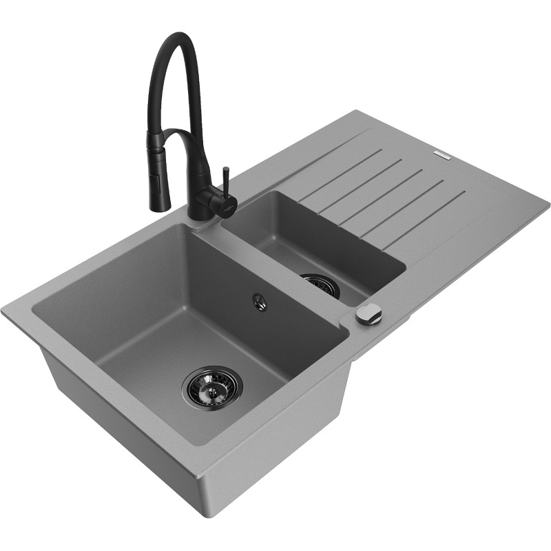 Mexen Matias granite sink 1.5-bowl with drainer and kitchen faucet Aster, gray - 6502-71-73450-70-B