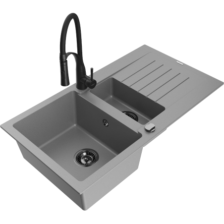 Mexen Matias granite sink 1.5-bowl with drainer and kitchen faucet Aster, gray - 6502-71-73450-70-B