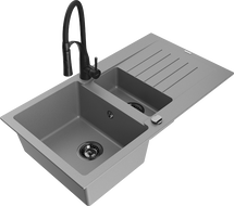 Mexen Matias 1.5-compartment granite sink with a drip tray and kitchen mixer tap Aster, Grey - 6502-71-73450-70-B