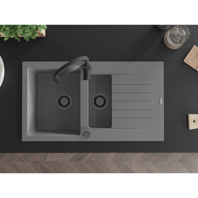 Mexen Matias granite sink 1.5-bowl with drainer and kitchen faucet Aster, gray - 6502-71-73450-70-B
