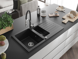 Mexen Matias 1.5-bowl granite sink with drainer and kitchen faucet Aster, black/silver metallic - 6502-73-73450-07