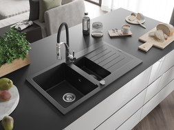 Mexen Matias 1.5-compartment granite sink with a drip tray and kitchen mixer tap Aster, Black/Silver metallic - 6502-73-73450-07