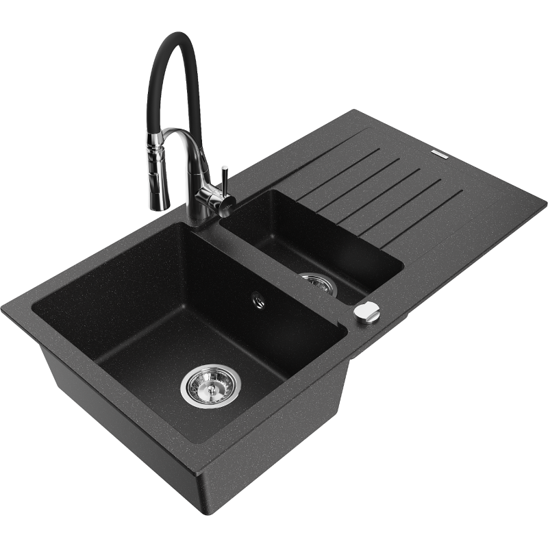 Mexen Matias 1.5-compartment granite sink with a drip tray and kitchen mixer tap Aster, Black/Silver metallic - 6502-73-73450-07