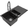 Mexen Matias 1.5-compartment granite sink with a drip tray and kitchen mixer tap Aster, Black/Silver metallic - 6502-73-73450-07