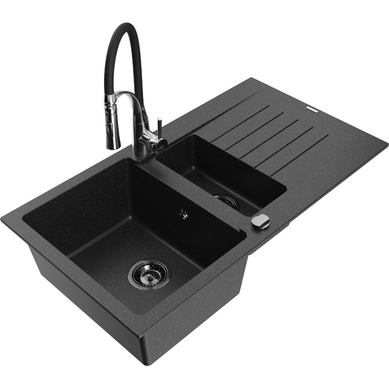 Mexen Matias granite sink 1.5-bowl with drainer and Aster kitchen faucet, black/silver - 6502-73-73450-07-B
