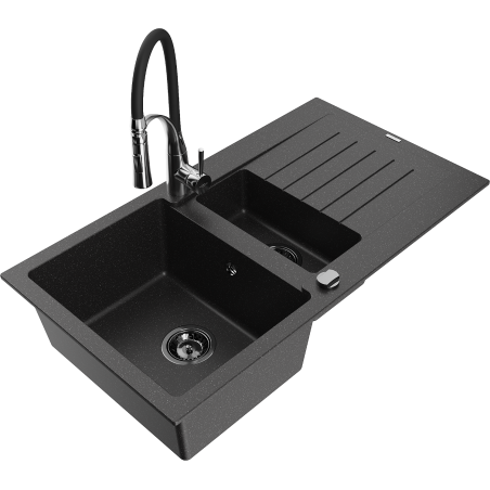 Mexen Matias granite sink 1.5-bowl with drainer and Aster kitchen faucet, black/silver - 6502-73-73450-07-B