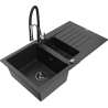 Mexen Matias 1.5-compartment granite sink with a drip tray and kitchen mixer tap Aster, Black/Silver - 6502-73-73450-07-B