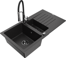 Mexen Matias granite sink 1.5-bowl with drainer and Aster kitchen faucet, black/silver - 6502-73-73450-07-B