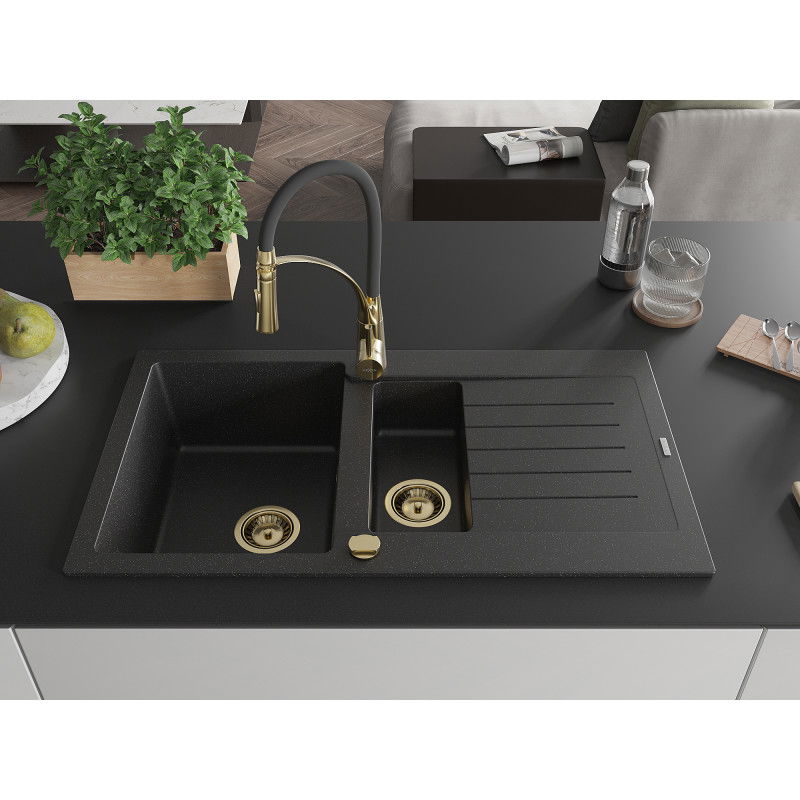 Mexen Matias granite sink 1.5-bowl with drainer and Aster kitchen tap, black/silver - 6502-73-73450-57-G