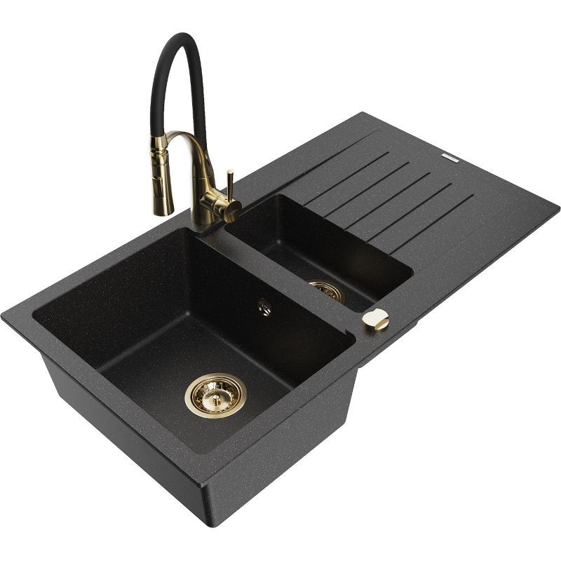 Mexen Matias 1.5-compartment granite sink with a drip tray and kitchen mixer tap Aster, Black/Silver - 6502-73-73450-57-G
