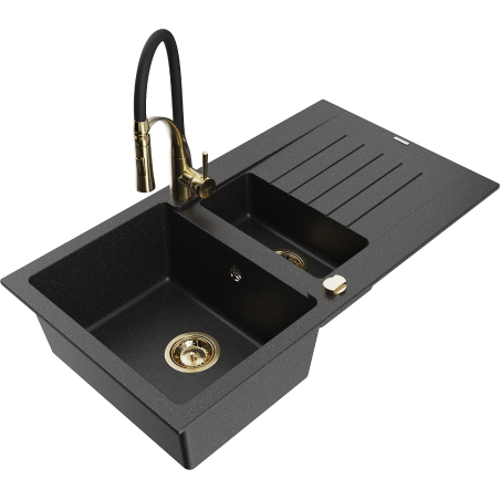 Mexen Matias granite kitchen sink 1.5-bowl with drainer and kitchen faucet Aster, black/silver - 6502-73-73450-57-G