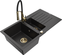 Mexen Matias 1.5-bowl granite sink with drainer and Aster kitchen faucet, black/silver - 6502-73-73450-57-G
