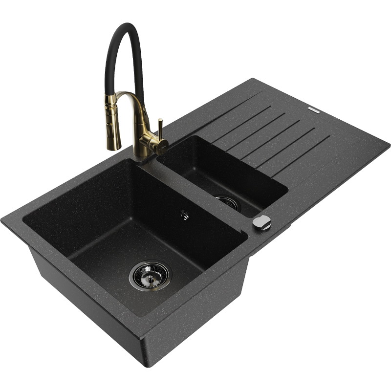Mexen Matias 1.5-bowl granite sink with drainer and Aster kitchen faucet, black/silver - 6502-73-73450-57-B