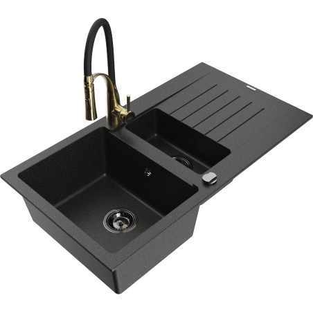 Mexen Matias 1.5-bowl granite sink with drainer and Aster kitchen faucet, black/silver - 6502-73-73450-57-B