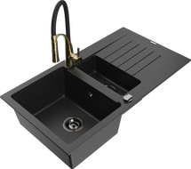 Mexen Matias granite sink 1.5-bowl with drainer and Aster kitchen faucet, black/silver - 6502-73-73450-57-B