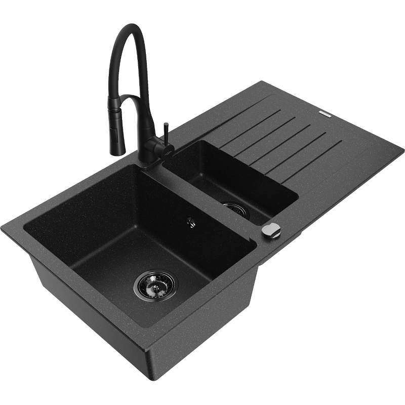 Mexen Matias 1.5-compartment granite sink with a drip tray and kitchen mixer tap Aster, Black/Silver - 6502-73-73450-70-B