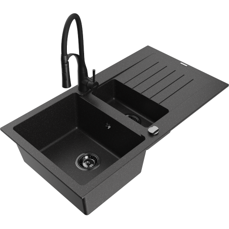 Mexen Matias granite sink 1.5-bowl with drainer and Aster kitchen faucet, black/silver - 6502-73-73450-70-B