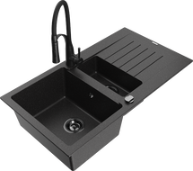 Mexen Matias granite sink 1.5-bowl with drainer and Aster kitchen faucet, black/silver - 6502-73-73450-70-B