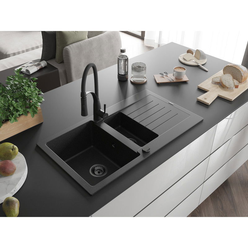 Mexen Matias granite sink 1.5-bowl with drainer and Aster kitchen tap, black/silver - 6502-73-73450-70-B