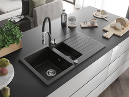 Mexen Matias 1.5-compartment granite sink with a drip tray and kitchen mixer tap Aster, Black/Gold metallic - 6502-75-73450-07