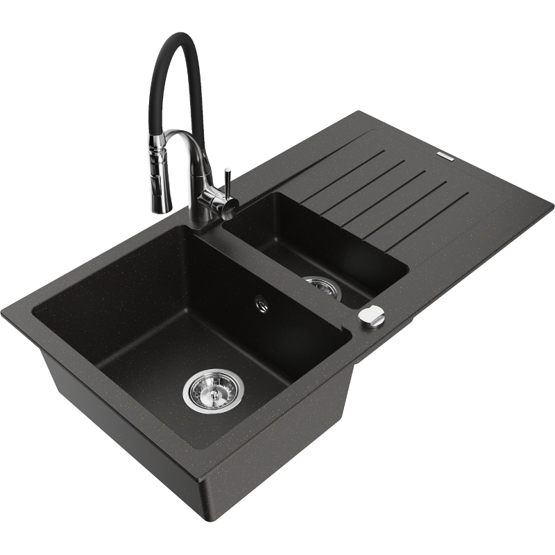 Mexen Matias 1.5-compartment granite sink with a drip tray and kitchen mixer tap Aster, Black/Gold metallic - 6502-75-73450-07