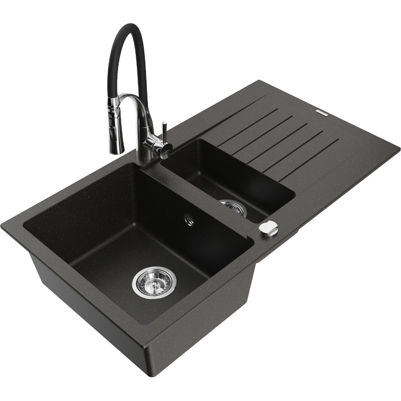 Mexen Matias granite 1.5-bowl sink with drainer and Aster kitchen faucet, black/golden metallic - 6502-75-73450-07