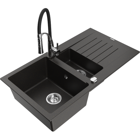 Mexen Matias 1.5-bowl granite sink with drainer and kitchen faucet Aster, black/gold metallic - 6502-75-73450-07
