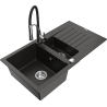 Mexen Matias granite 1.5-bowl sink with drainer and Aster kitchen faucet, black/golden metallic - 6502-75-73450-07