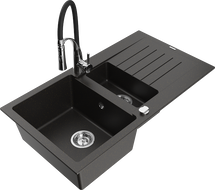 Mexen Matias granite sink 1.5-bowl with drainer and Aster kitchen tap, black/gold metallic - 6502-75-73450-07