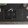 Mexen Matias granite kitchen sink 1.5-bowl with drainer and Aster kitchen faucet, black/gold metallic - 6502-75-73450-07-B