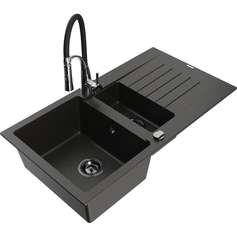 Mexen Matias granite kitchen sink 1.5-bowl with drainer and Aster kitchen faucet, black/gold metallic - 6502-75-73450-07-B