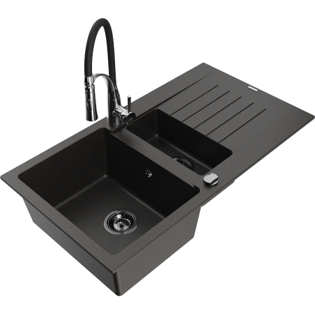 Mexen Matias granit kitchen sink 1.5-bowl with drainer and Aster kitchen mixer, black/gold metallic - 6502-75-73450-07-B