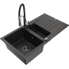 Mexen Matias granite kitchen sink 1.5-bowl with drainer and Aster kitchen faucet, black/gold metallic - 6502-75-73450-07-B