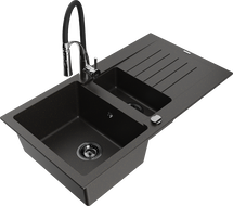 Mexen Matias granite sink 1.5 bowl with drainer and Aster kitchen tap, black/gold metallic - 6502-75-73450-07-B