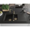 Mexen Matias granite sink 1.5-bowl with drainer and Aster kitchen tap, black/gold metallic - 6502-75-73450-57-G