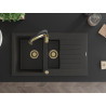 Mexen Matias granite sink 1.5-bowl with drainer and Aster kitchen faucet, black/gold metallic - 6502-75-73450-57-G