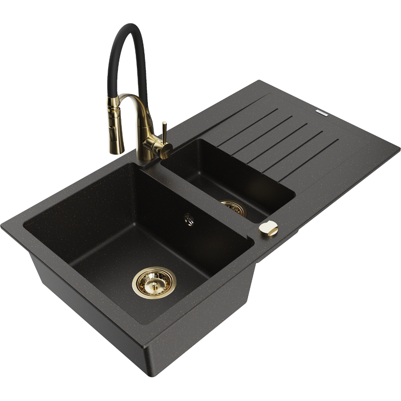 Mexen Matias 1.5-compartment granite sink with a drip tray and kitchen mixer tap Aster, Black/Gold metallic - 6502-75-73450-57-G