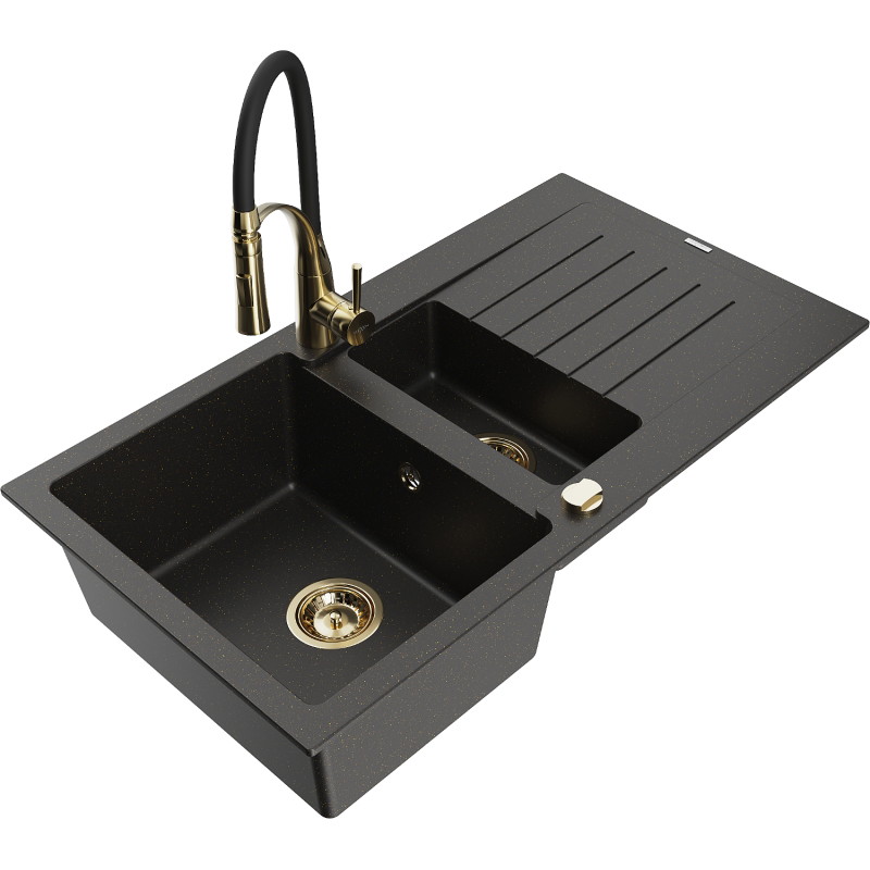 Mexen Matias granite sink 1.5-bowl with drainer and Aster kitchen faucet, black/gold metallic - 6502-75-73450-57-G