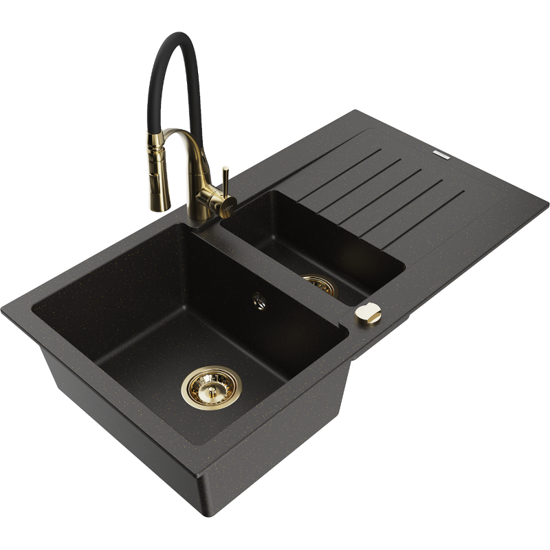 Mexen Matias granite sink 1.5-bowl with drainer and Aster kitchen tap, black/gold metallic - 6502-75-73450-57-G