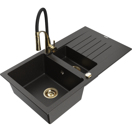Mexen Matias granite sink 1.5-bowl with drainer and Aster kitchen tap, black/gold metallic - 6502-75-73450-57-G
